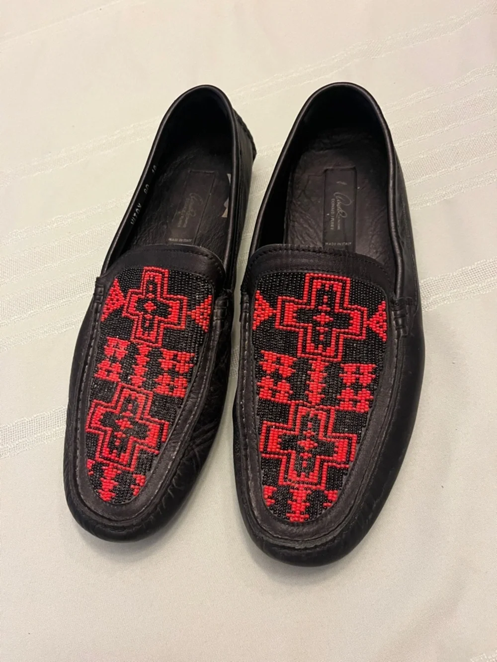 Donald J. Pliner Black Leather Slip-On Loafers with Red Beaded Pattern size 10